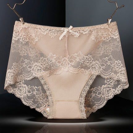 Luxurious Lace High Waist Wedding Underwear Soft Cotton Blends Floral Embroidered Bow Patch - Skin