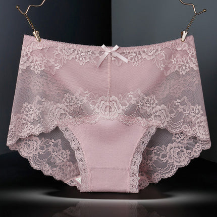 Luxurious Lace High Waist Wedding Underwear Soft Cotton Blends Floral Embroidered Bow Patch - Light Pink