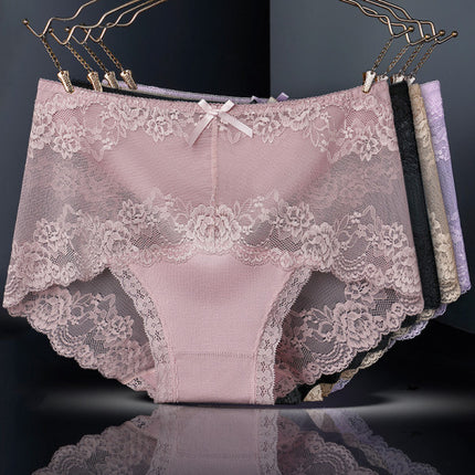 Luxurious Lace High Waist Wedding Underwear Soft Cotton Blends Floral Embroidered Bow Patch - Light Pink