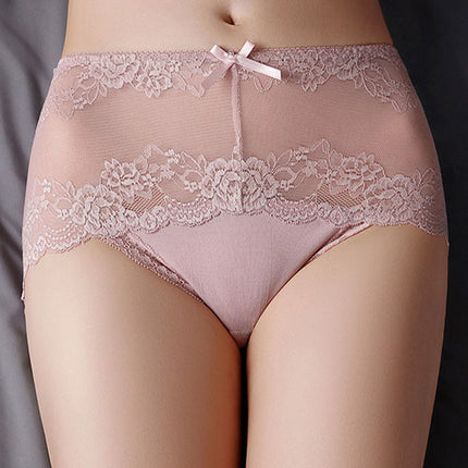 Luxurious Lace High Waist Wedding Underwear Soft Cotton Blends Floral Embroidered Bow Patch - Light Pink