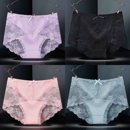 Luxurious Lace High Waist Wedding Underwear Soft Cotton Blends Floral Embroidered Bow Patch - Purple