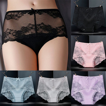 Luxurious Lace High Waist Wedding Underwear Soft Cotton Blends Floral Embroidered Bow Patch - Purple