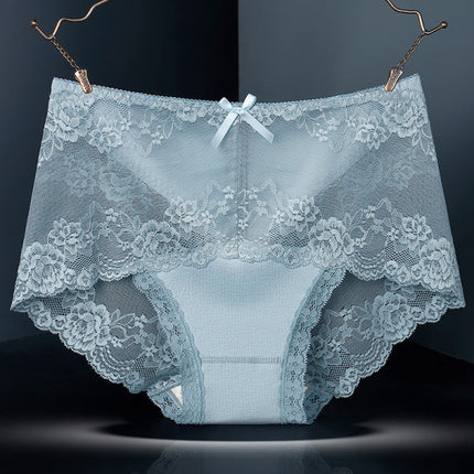 Luxurious Lace High Waist Wedding Underwear Soft Cotton Blends Floral Embroidered Bow Patch - Ice Lake Blue