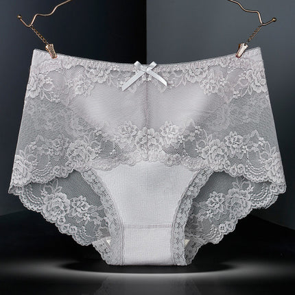 Luxurious Lace High Waist Wedding Underwear Soft Cotton Blends Floral Embroidered Bow Patch - Gray