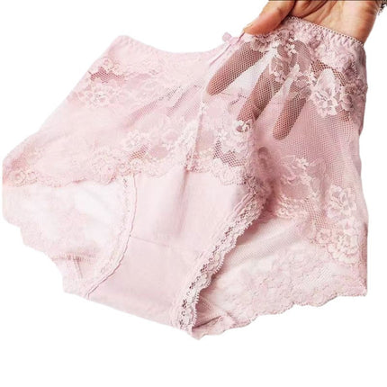 Luxurious Lace High Waist Wedding Underwear Soft Cotton Blends Floral Embroidered Bow Patch - Purple