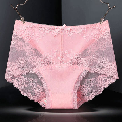 Luxurious Lace High Waist Wedding Underwear Soft Cotton Blends Floral Embroidered Bow Patch - Pink