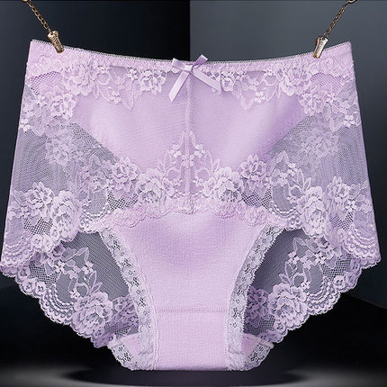 Luxurious Lace High Waist Wedding Underwear Soft Cotton Blends Floral Embroidered Bow Patch - Purple