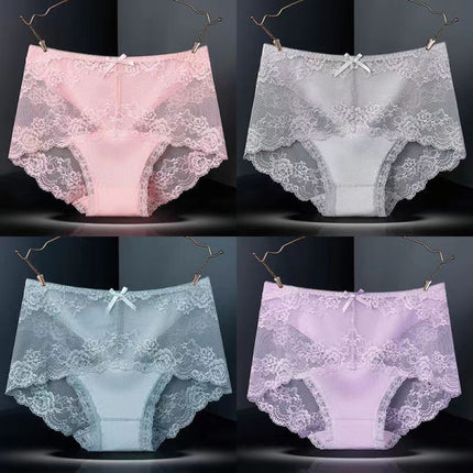 Luxurious Lace High Waist Wedding Underwear Soft Cotton Blends Floral Embroidered Bow Patch - Purple