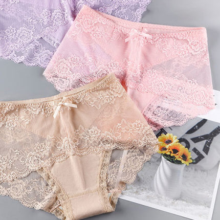 Luxurious Lace High Waist Wedding Underwear Soft Cotton Blends Floral Embroidered Bow Patch - Purple