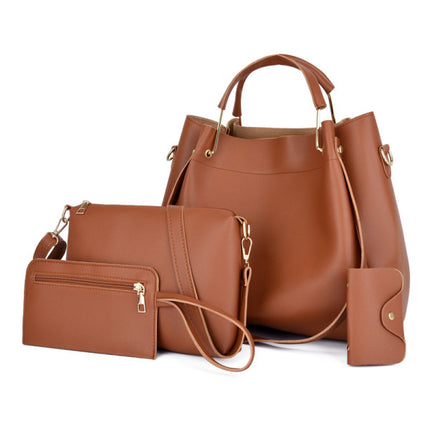 Stylish Brown Synthetic Leather Four Piece Handbag Set with Large Capacity and Adjustable Strap for Casual Office Fashion