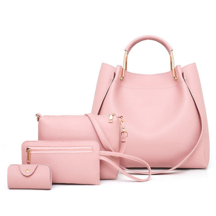 Stylish Pink Synthetic Leather Handbags for Women Large Capacity Adjustable Strap Zipper Closure 4-Piece Set