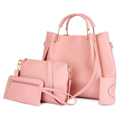 Stylish Pink Synthetic Leather Handbags for Women Large Capacity Adjustable Strap Zipper Closure 4-Piece Set