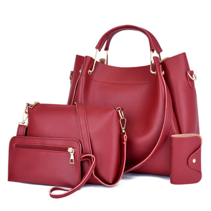 Stylish Wine Red 4Pcs Casual Women Handbags Set Large Capacity Synthetic Leather Adjustable Strap Perfect for Office and Girls