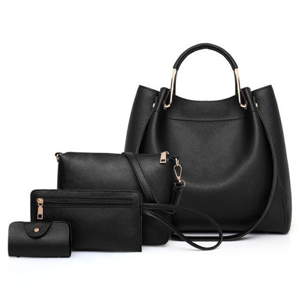 Stylish Black Synthetic Leather Handbags Set 4Pcs Large Capacity Zipper Closure with Adjustable Strap. Perfect for Causal or Office Use.