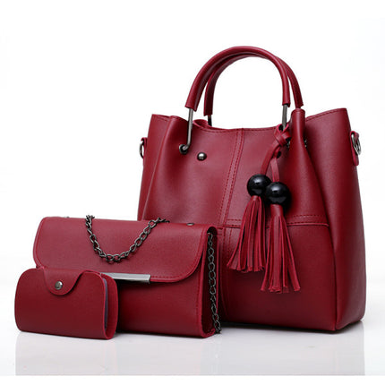 3-Piece High-Quality Wine Red Women\'s Fashion Bag Set Double Handle Shoulder Bag Zipper Closure Casual Style