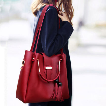 3-Piece High-Quality Wine Red Women\'s Fashion Bag Set Double Handle Shoulder Bag Zipper Closure Casual Style