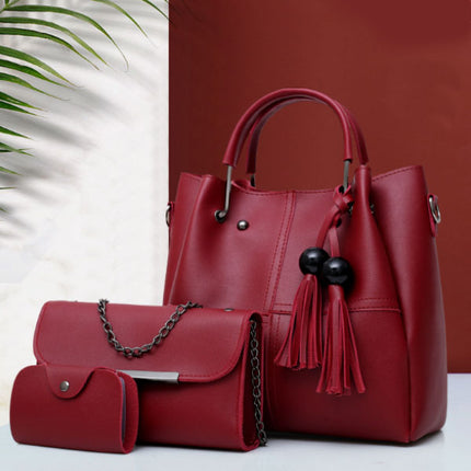 3-Piece High-Quality Wine Red Women\'s Fashion Bag Set Double Handle Shoulder Bag Zipper Closure Casual Style