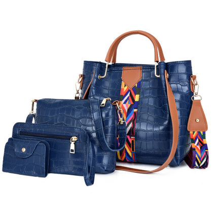 Stylish Crocodile Pattern Women\'s 4-Piece Faux Leather Handbag Set Zipper Closure Double Handles Blue Shades