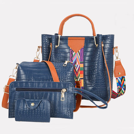 Stylish Crocodile Pattern Women\'s 4-Piece Faux Leather Handbag Set Zipper Closure Double Handles Blue Shades