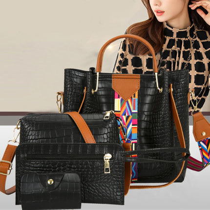 Stylish Women\'s 4-Piece Crocodile Patterned Faux Leather Bag Set High Quality Double Handle Zipper Closure Canvas Interior Black