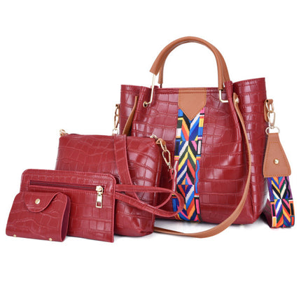 Stylish Wine Red Crocodile Pattern Faux Leather Handbag Set for Women 4 Piece Casual Zipper Closure Shoulder Bag with Double Handle