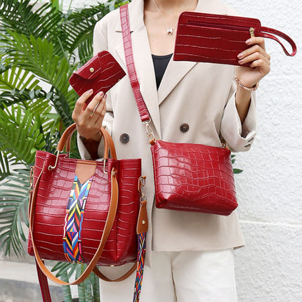 Stylish Wine Red Crocodile Pattern Faux Leather Handbag Set for Women 4 Piece Casual Zipper Closure Shoulder Bag with Double Handle