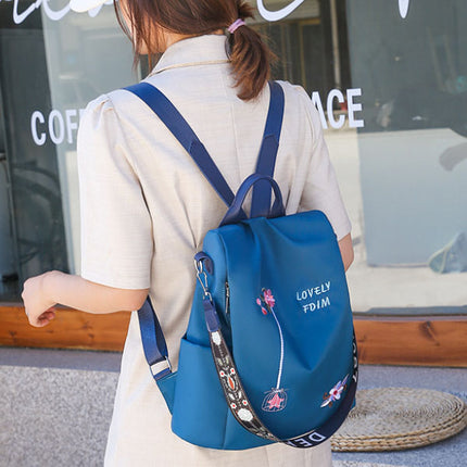 Floral Embroidery Double Handle Backpack Waterproof Multifunctional Travel Bag for Women. Wide Capacity Oxford Exterior Polyester Interior Canvas Straps Zipper Closure. Perfect for Outdoor Occasions. Blue Shade.