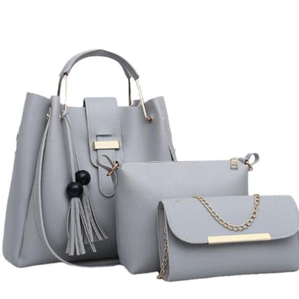 Gray Synthetic Leather Three-Piece Women\'s Bag Set | High Quality Wide Capacity Multifunctional | Double Handle Shoulder Bag