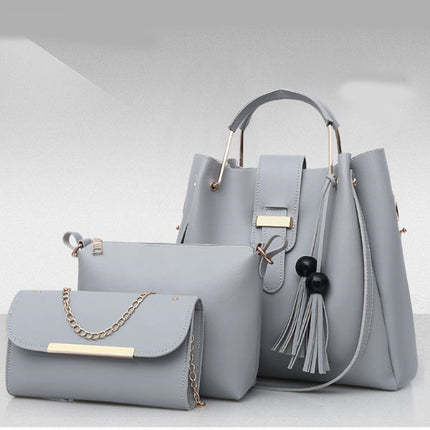 Gray Synthetic Leather Three-Piece Women\'s Bag Set | High Quality Wide Capacity Multifunctional | Double Handle Shoulder Bag