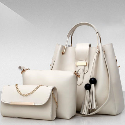 Stylish Cream White Women\'s 3-Piece Synthetic Leather Handbag Set Wide Capacity Double Handle Multifunctional Zipper Closure