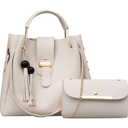 Stylish Cream White Women\'s 3-Piece Synthetic Leather Handbag Set Wide Capacity Double Handle Multifunctional Zipper Closure