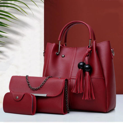 Chic Wine Red Synthetic Leather Women\'s Bag Set Casual Style Double Handle High Capacity 3 Pieces Multifunctional