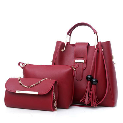 Chic Wine Red Synthetic Leather Women\'s Bag Set Casual Style Double Handle High Capacity 3 Pieces Multifunctional