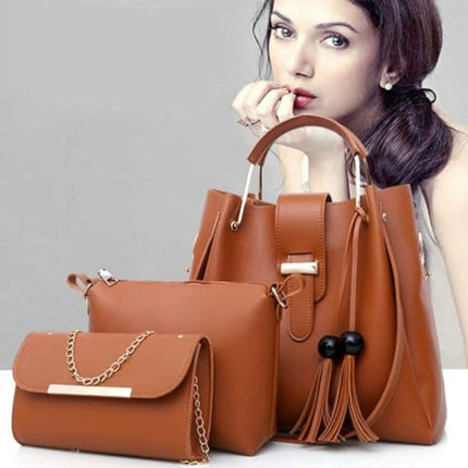 Wide Capacity Brown Triple Set Women\'s Bag Synthetic Leather Double Handle Shoulder Bag Multifunctional Zipper Closure Handbag