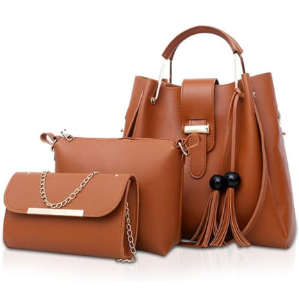 Wide Capacity Brown Triple Set Women\'s Bag Synthetic Leather Double Handle Shoulder Bag Multifunctional Zipper Closure Handbag