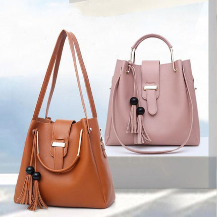 Wide Capacity Brown Triple Set Women\'s Bag Synthetic Leather Double Handle Shoulder Bag Multifunctional Zipper Closure Handbag