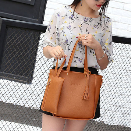 Stylish Lychee Pattern Brown Bucket Bag Set 4 Pcs Women\'s Handbag with Double Handles Zipper Closure for Casual Fashion.