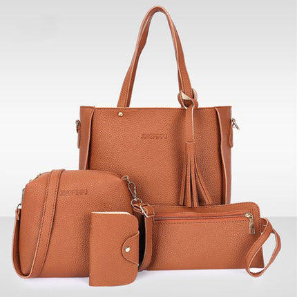 Stylish Lychee Pattern Brown Bucket Bag Set 4 Pcs Women\'s Handbag with Double Handles Zipper Closure for Casual Fashion.