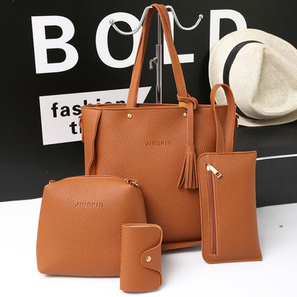 Stylish Lychee Pattern Brown Bucket Bag Set 4 Pcs Women\'s Handbag with Double Handles Zipper Closure for Casual Fashion.