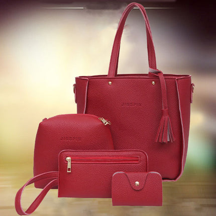 Stylish Wine Red Faux Leather Bucket Shape 4-Piece Women\'s Handbag Set Zipper Closure Double Handles Ideal for Casual Style