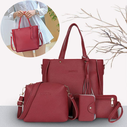 Stylish Wine Red Faux Leather Bucket Shape 4-Piece Women\'s Handbag Set Zipper Closure Double Handles Ideal for Casual Style