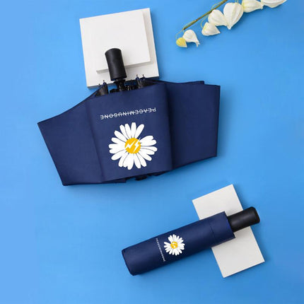 Navy Blue Daisy Flower Lightweight Foldable Umbrella for Travel Resistant to Rain Wind Sun Rays &amp; UV Light