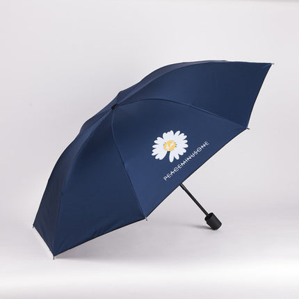 Navy Blue Daisy Flower Lightweight Foldable Umbrella for Travel Resistant to Rain Wind Sun Rays &amp; UV Light