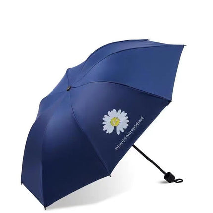 Navy Blue Daisy Flower Lightweight Foldable Umbrella for Travel Resistant to Rain Wind Sun Rays &amp; UV Light