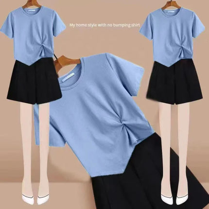 Summer Chic 2-Piece Casual Girls Wear Set Short Sleeves Round Neck Top Shirt with Elastic Waist Mini Irregular 2 Pcs Dress