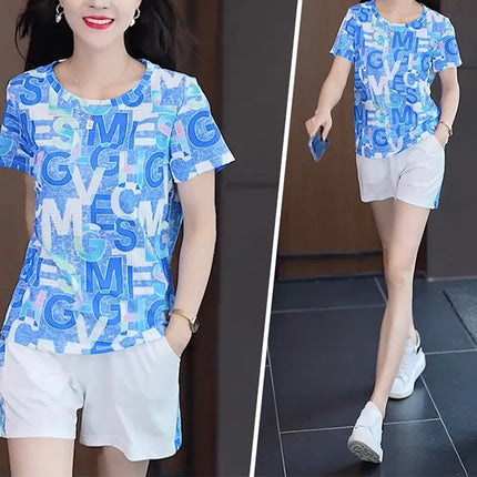 Blue Alphabetic Print 2-Piece Set Stylish Short Sleeve Top and Elastic Waist Shorts for Women's Casual Summer Wear