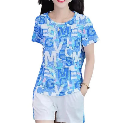 Blue Alphabetic Print 2-Piece Set Stylish Short Sleeve Top and Elastic Waist Shorts for Women's Casual Summer Wear