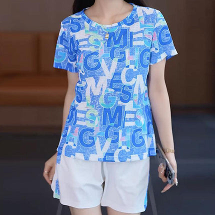 Blue Alphabetic Print 2-Piece Set Stylish Short Sleeve Top and Elastic Waist Shorts for Women's Casual Summer Wear