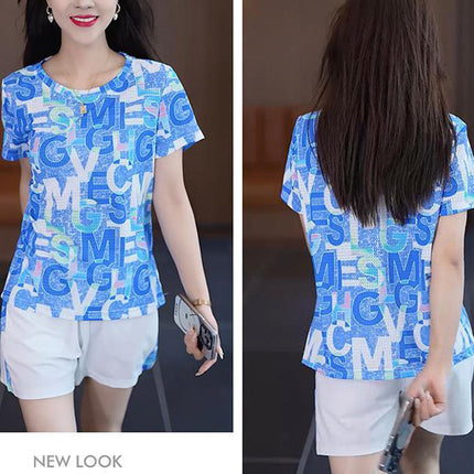 Blue Alphabetic Print 2-Piece Set Stylish Short Sleeve Top and Elastic Waist Shorts for Women's Casual Summer Wear