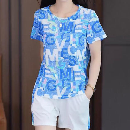 Blue Alphabetic Print 2-Piece Set Stylish Short Sleeve Top and Elastic Waist Shorts for Women's Casual Summer Wear